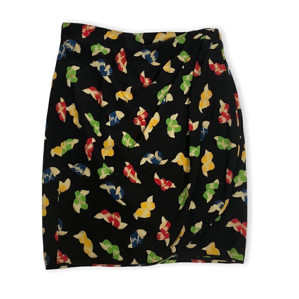 Vintage Ungaro Black Ribbon Print Skirt Faux Wrap Gold Accents - Picture 9 of 9